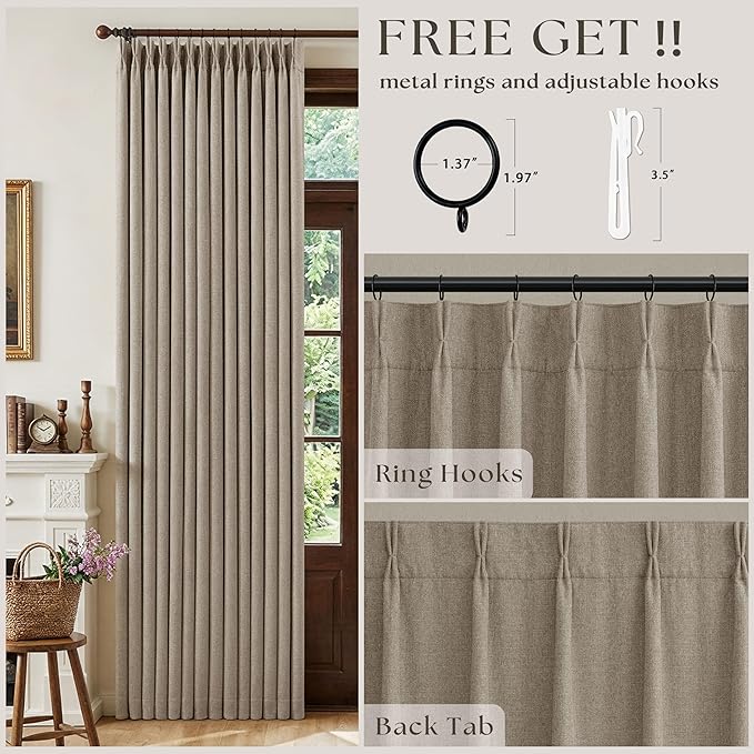 Dark Flax 94 Inch Long Blackout Curtains Thick Linen Pinch Pleated Curtains 2 Panels for Bedroom Living Room Darkening Light Blocking Energy Saving Pinch Pleat Back Tab 94 Inch Window Drapes