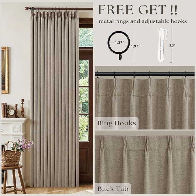 Deep Flax Linen Pinch Pleated 100% Blackout Curtains 92 Inch Length 2 Panels Set Greige Light Taupe Pinch Pleat Curtains Black Out Blocking Room Darkening Drapes for Bedroom Living Room Window