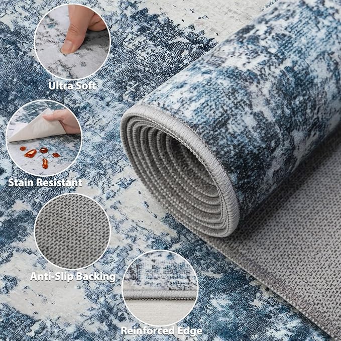 8x10 Area Rug for Living Room Bedroom: Large Washable Rug with Anti-Slip Backing Non-Shedding Stain-Resistant Soft Abstract Carpet for Dining Room Nursery Home Office (Blue)