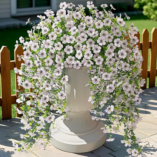 Ammyoo Artificial Hanging Flowers for Outdoors Faux Plants Decoration, 2 Packs Fake Silk Daisy Flower Realistic Outdoor Flowers UV Resistant Porch Patio Window Yard Outside Decor(White)