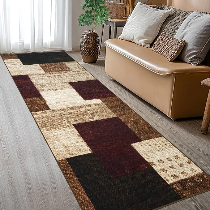 Modern Geometric Patchwork Indoor Runner Rug for Living Room, Red 2.7'x 8' Rug Rockwood Collection Hardwood Floors Decor for Bedroom, Burgundy Throw Carpet for Office Entryway Dining Room