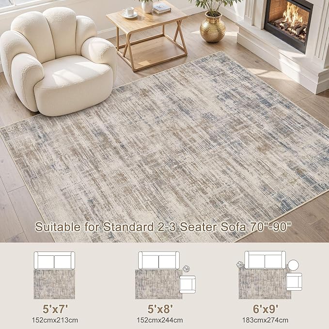 UERMEI 6x9 Washable Area Rug for Living Room: Modern Neutral Abstract Soft Low Pile Carpet Non-Slip Pet Kids Friendly Indoor Decor for Bedroom Dining Room Home Office Nursery Brown