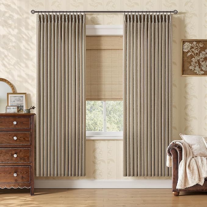 Pinch Pleated Linen Curtains 72 Inches Long for Dining Room Bedroom Neutral Boho Light Filtering Sheer Short Pleat Curtains with Rings Brown Flax Back Tab Drapes for Cabin Closet 2 Panels 40Wx72L