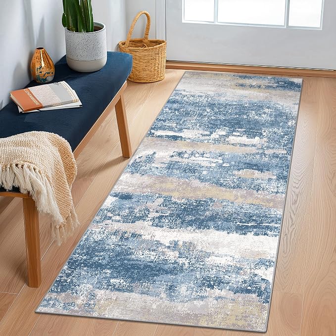 BEIMO Runner Rug for Hallway Kitchen 2x6 Machine Washable Runners Rug for Entryway, Blue Cream Soft Modern Abstract Throw Rugs, Floor Carpet with Non Slip Rubber Backing