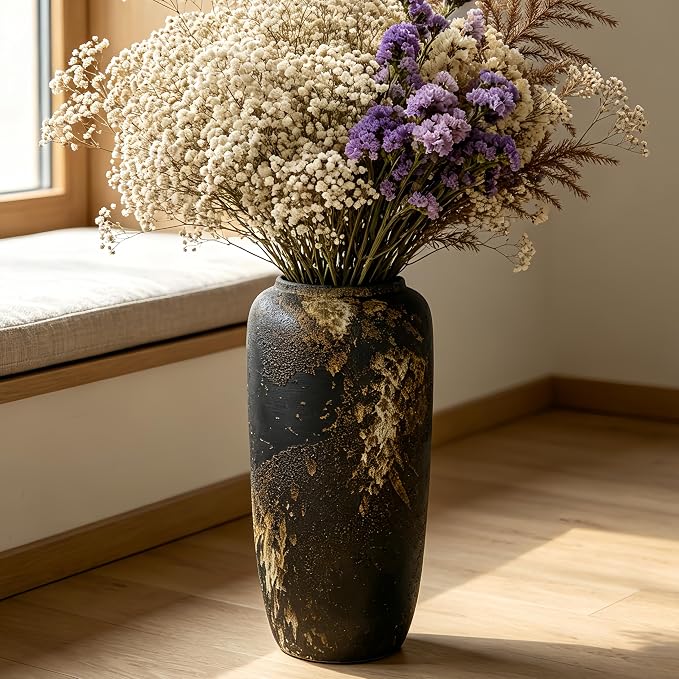 Black Rustic Ceramic Tall Floor Vase, 15.7 Inch Vintage Large Farmhouse Vase Pottery Clay Terracotta Rustic Vases for Home Decor Living Room Entryway Table Centerpieces,Kitchen,Housewarming Gifts