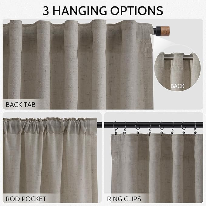 Nanspring Grey Beige Linen Curtains 63 Inch Length ffor Living Room Luxury Light Filtering Semi Sheer Curtain Back Tab Simple Modern Neutral Elegant Boho Gray Drapes for Bedroom 52x63, 2 Panels