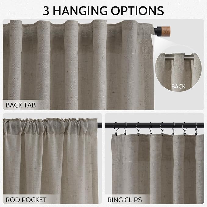Nanspring Grey Beige Linen Curtains 63 Inch Length ffor Living Room Luxury Light Filtering Semi Sheer Curtain Back Tab Simple Modern Neutral Elegant Boho Gray Drapes for Bedroom 52x63, 2 Panels