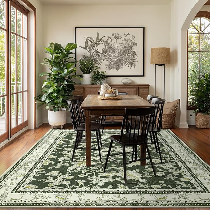 Olive Green Floral 5x7 Area Rug Vintage Boho Washable Printed Rug for Living Room Non-Slip Soft Bedroom Cottagecore Farmhouse Carpet for Dining Room Nursery Dark Green and Cream Beige Sketch Style