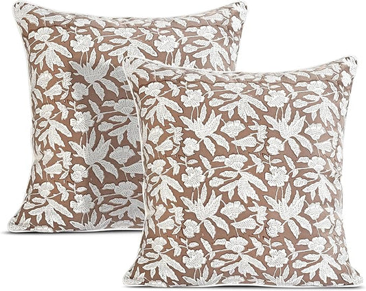 Ridhi Block Print Oak Brown Pillow Cover 18" x 18" (Pack of 2) Decorative Couch Pillows for Living Room, Chic Boho Cute Outdoor Pillows Covers Gifts for Spring, Easter and Valentine