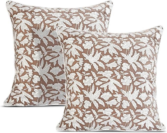 Ridhi Block Print Oak Brown Pillow Cover 20" x 20" (Pack of 2) Decorative Couch Pillows for Living Room, Chic Boho Cute Outdoor Pillows Covers Gifts for Spring, Easter and Valentine