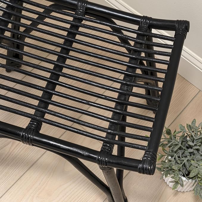 JONATHAN Y Gabriel 18" Handcrafted Rattan and Teak Wood Vanity Stool, Bohemian Backless Accent Ottoman Footstool, Black STL3005C