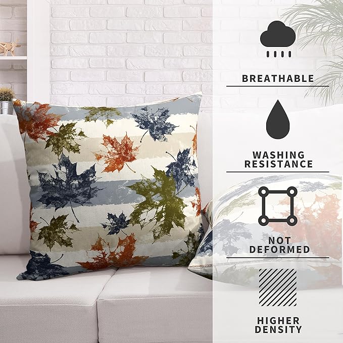 Thanksgiving Fall Maple Leaves Pillow Covers 22x22 Pack of 2 Autumn Throw Pillow Covers Modern Cotton Linen Square Pillow Case Blue White Stripes Pillowcase for Living Room Sofa Outdoor