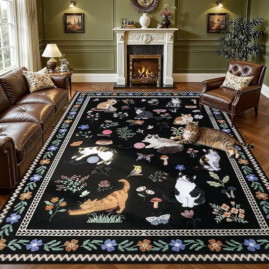 9x12 Area Rugs Living Room Rug: Vintage Washable Rug Floral Soft Carpet Indoor Floor Non-Slip Boho Stain Resistant Large Carpets for Bedroom Kids Nursery Dining Room Farmhouse Home Office Black/C01
