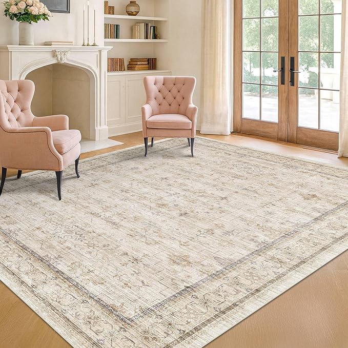 Washable Ivory 5x7 Rug for Bedroom, Home Office, Non Slip Dinning Rugs for Under Table, Low Pile Neutral Farmhouse Retro Living Room Carpet