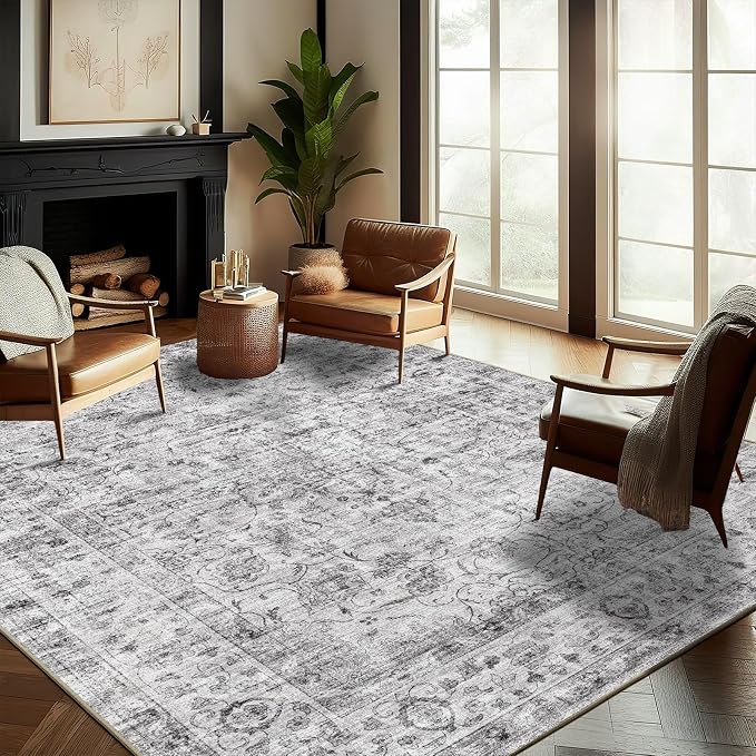 CHAMPLANT Washable Area Rug 9'x12' Retro Boho Design Non-Shedding Easy Care Ideal for High Traffic Areas in Living Room Bedroom Office Coffee Table Kitchen Large Carpet