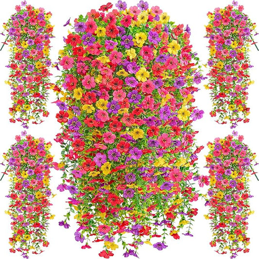 Serwalin Artificial Hanging Flowers for Outdoors, 4PCS UV Resistant Fake Hanging Plants with 101 Blooms, Realistic Weatherproof Outdoor Decor for Patio, Porch, Garden & Window (Summer Colors)