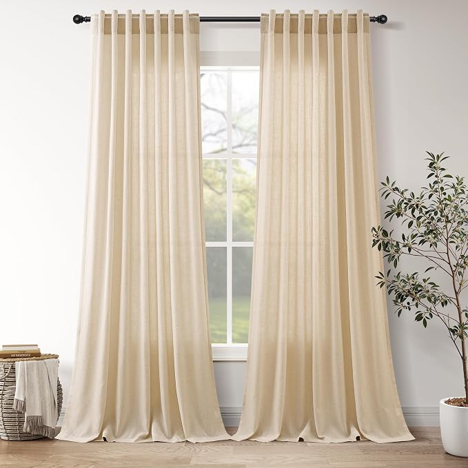 Extra Long Tan Linen Curtains 120 Inches for Living Room Back Tab Neutral Farmhouse Drapes Light Filtering Semi Sheer Curtain 120 inch for Floor to Ceiling Window Patio Sliding Door,2 Panels
