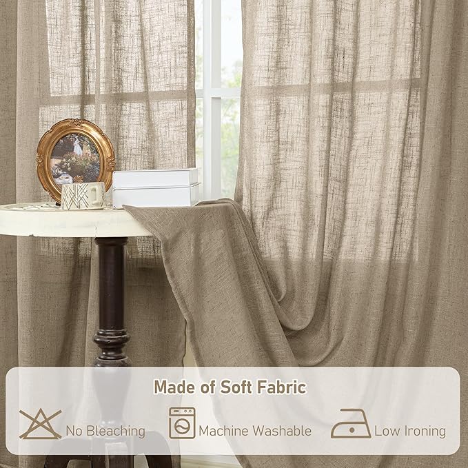 LAMIT Linen Curtains 68 Inch Length 2 Panels, Light Filtering Panels Back Tab and Rod Pocket Neutral Drapes for Bedroom/Window/Living Room, Taupe, 52 x 68 Inch