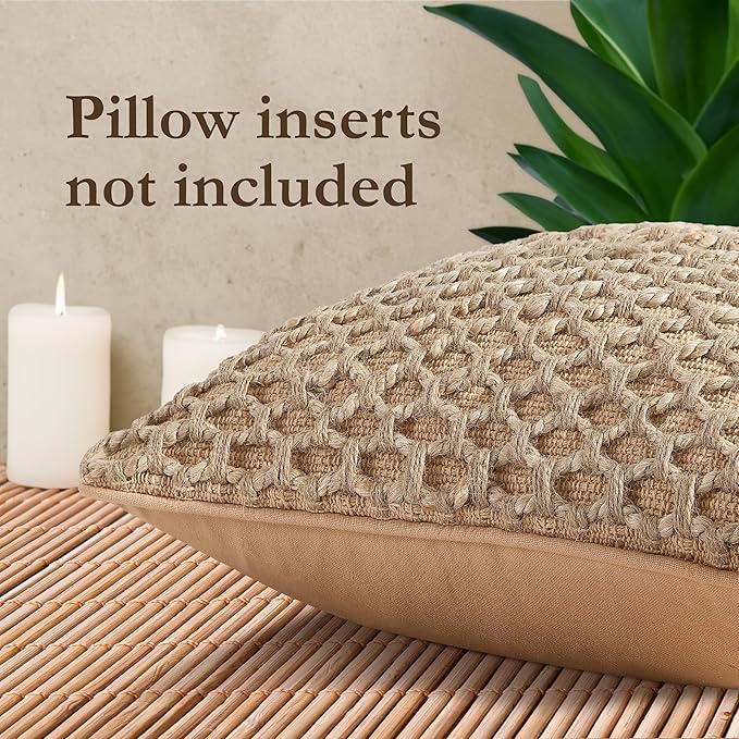Boho Living Jada Decorative Throw, Includes Accent Insert, Premium Woven Design, Living Room Décor, (2) 20" x 20" Pillow Covers, Beige 2 Count