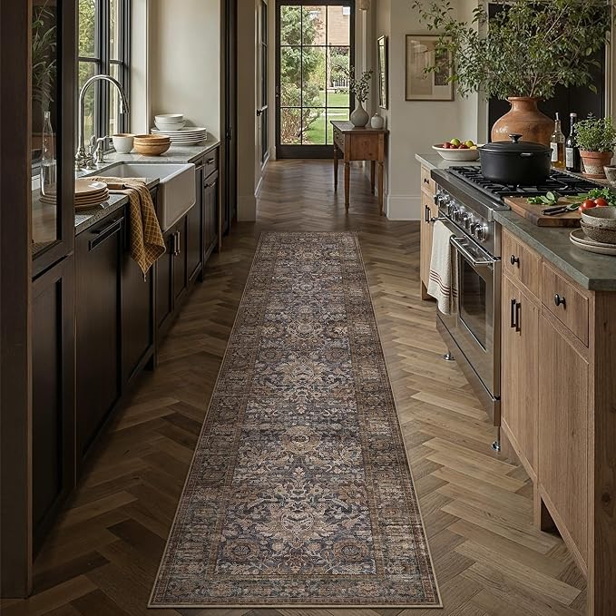 HUGEAR Hallway Runner Rugs 3x10 Blue Brown Washable Rug Neutral Vintage Rug Carpet Distressed Soft Durable Non Slip No Shedding for Indoor Bedroom Kitchen Dining Nursery Laundry