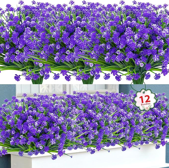 Ouddy Decor 12 Bundles Artificial Flowers for Outdoors UV Resistant Fake Plastic Plants Faux Greenery Stems for Spring Summer Indoor Garden Patio Window Box Kitchen Home Decor, Purple