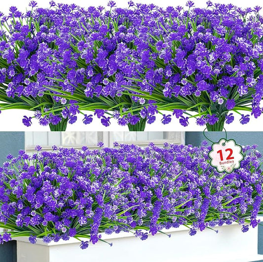 Ouddy Decor 12 Bundles Artificial Flowers for Outdoors UV Resistant Fake Plastic Plants Faux Greenery Stems for Spring Summer Indoor Garden Patio Window Box Kitchen Home Decor, Purple