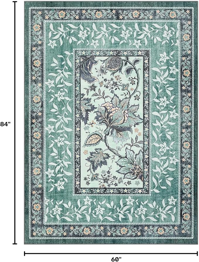 GarveeHome Teal Washable 5x7 Area Rugs, Botanical Grove Vintage Cottage core Non-Slip Rug for Bedroom Living Room Nursery Kitchen Low-Pile Retro Carpet