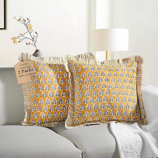 CPC Yellow Citrine Ruffle Throw Pillow Covers for Couch, 24x24 Inch Cotton Stripe Ruffle Couch Pillows for Living Room, Hidden 20 Inch Zipper Boho Pillow Case or Cute Outdoor Ruffle Pillows