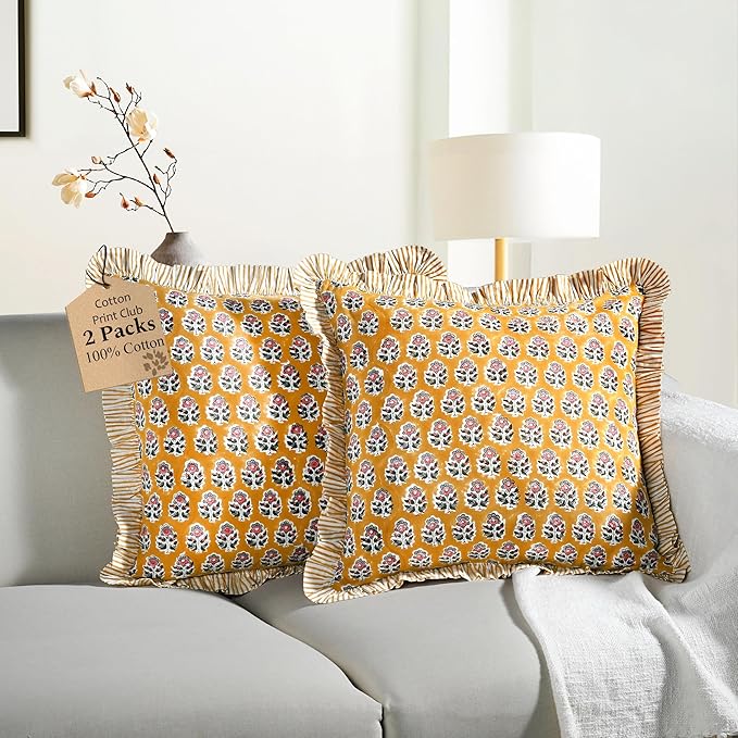 CPC Yellow Citrine Ruffle Throw Pillow Covers for Couch, 18x18 Inch Cotton Stripe Ruffle Couch Pillows for Living Room, Hidden 14 Inch Zipper Boho Pillow Case or Cute Outdoor Ruffle Pillows