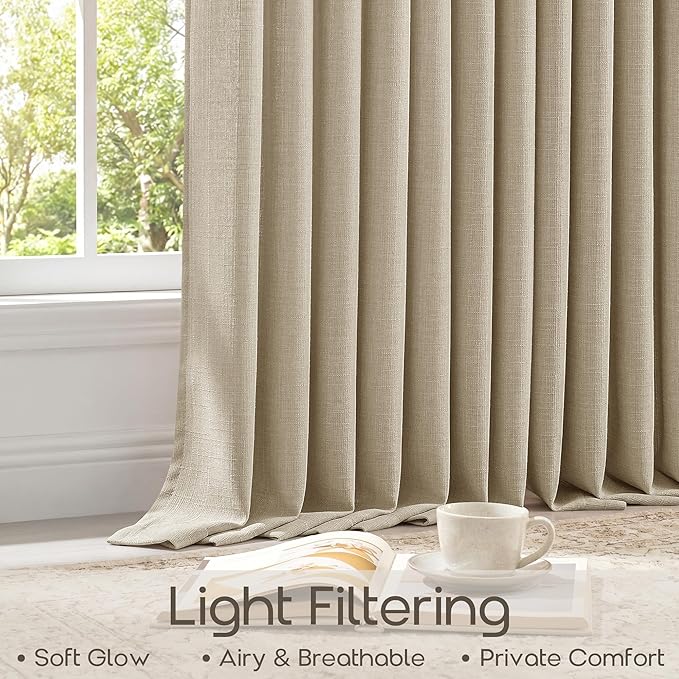 Pleated Thick Linen Oatmeal Curtains 92 Inch Length for Living Room Memory Training Light Filtering Privacy Textured Pinch Pleat Curtains with Ring Hooks Warm Beige Sand Farmhouse Bedroom Drapes
