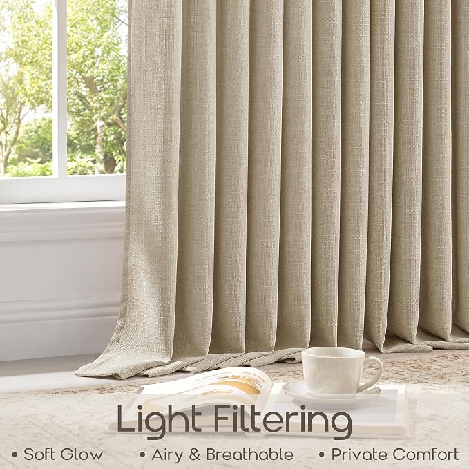 102 Inch Pinch Pleated Curtains for Bedroom Living Room Oatmeal Beige Semi Sheer Cottage Boho Back Tab Drapes with Hooks Rings Memory Shaped Trained Pleat Window Curtains 102 Inches Length 2 Panels