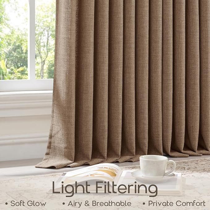 Rust Brown Linen Pleated Curtains 84 Inches 2 Panels Set Rustic Retro Semi Sheer Light Filter Thick Linen Pinch Pleat Office Curtain 84 Inch Length Tan Back Tab Drapes for Living Dining Room Bedroom