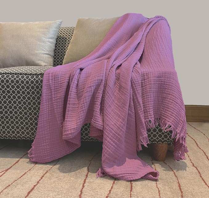 KyraHome 100% Organic Cotton Throw Blanket 60"x80" Large Muslin Blanket for Couch,Pre-Washed Plant Dyed, Breathable Lightweight Gauze Summer Blanket, All Season (Lavender Purple)