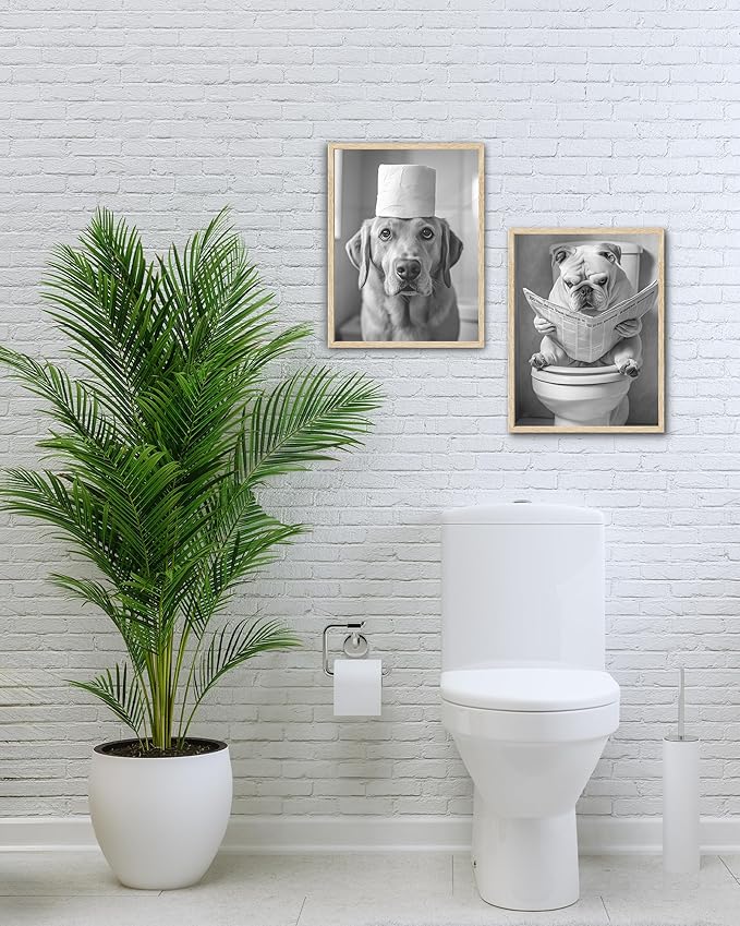 UPWOIGH Funny French Bulldog Oak Framed Canvas Wall Art, 12x16in Black and White Bathroom Humor Print, Modern Minimalist Dog Poster Wall Decor for Restroom or Kids Room, Funny Dog Lovers Gift,1Pack