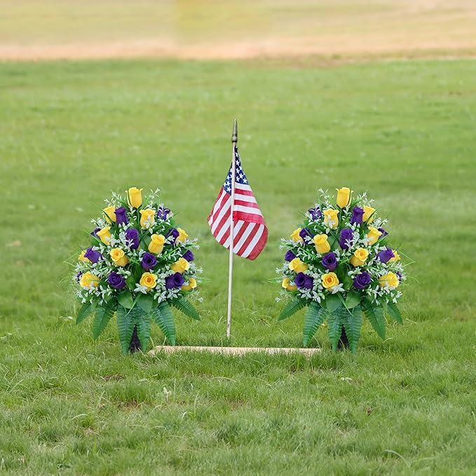 LVXINLI Artificial Cemetery Flowers, Gravesite Decoration Roses, Memorial Bouquets with Cemetery Vase, Vibrant and Long-Lasting Colors （ Yellow+Purple, 2 Bundles