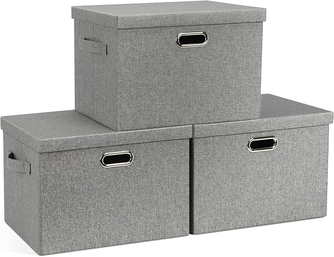 Graciadeco Large 17" 36 Quart Collapsible Stackable Storage Bins with Lids, 3 Packs Grey Linen Fabric Closet Boxes with Lids, Storage Cube Baskets Container Organizers for Bedroom Office(17 x12 x11)