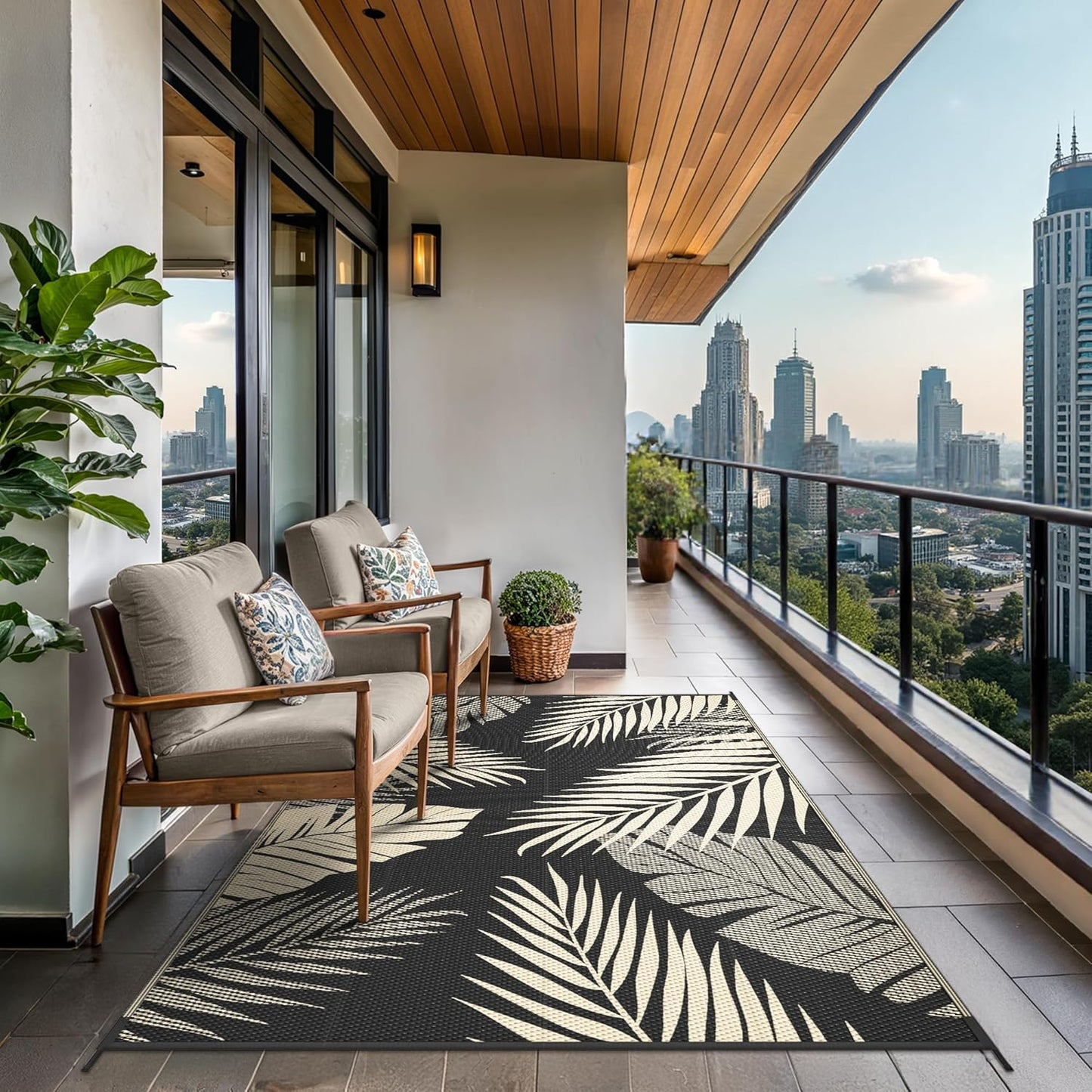 GENIMO Outdoor Rug 9' x 12' Waterproof for Patios Clearance, Reversible Outdoor Plastic Straw Camping Rug Carpet, Large Area Rugs Mats for RV, Camper, Deck, Balcony, Porch, Beach, Picnic, Black&Beige