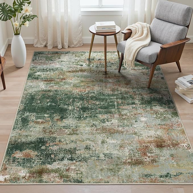 BEIMO Round Rugs 5ft for Living Room Bedroom, Modern Abstract Machine Washable Rug, Large Soft Low Pile Indoor Floor Carpet with Non Slip Backing for Dining Room, Green/Brown