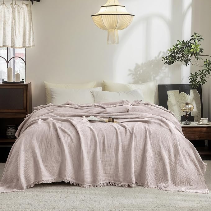 FOSSA Muslin Blanket 4-Layer 100% Cotton Gauze Blanket with Fringe 104"x90" | Super Soft Breathable Lightweight All Season & Decorative Blanket or Bed, Sofa, Office (Greyish Pink, King )