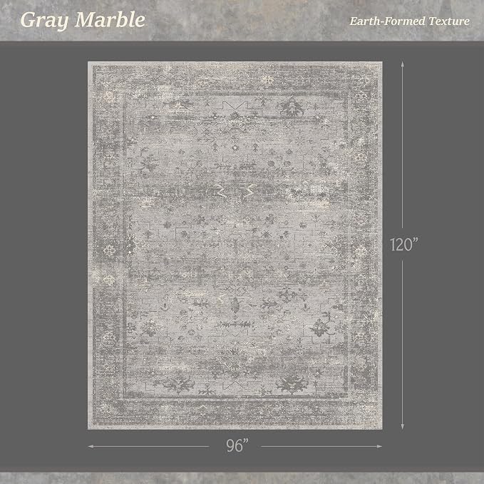 Modern Farmhouse 8x10 Washable Rug for Living Room, Neutral Gray Vintage Distressed Rug, Soft Non-Slip Low Pile Carpet for Bedroom, Dining Room & Home Office