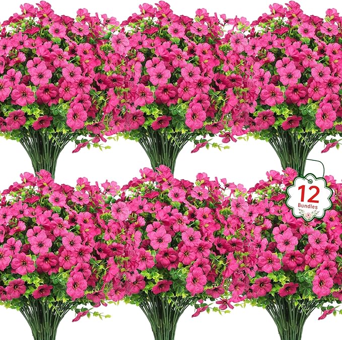 Ouddy Decor 12 Bundles Artificial Flowers for Outdoors Fake Silk Flowers UV Resistant Faux Plastic Plants for Spring Summer Garden Porch Window Box Table Vase Home Indoor Outdoor Decoration, Rose Red