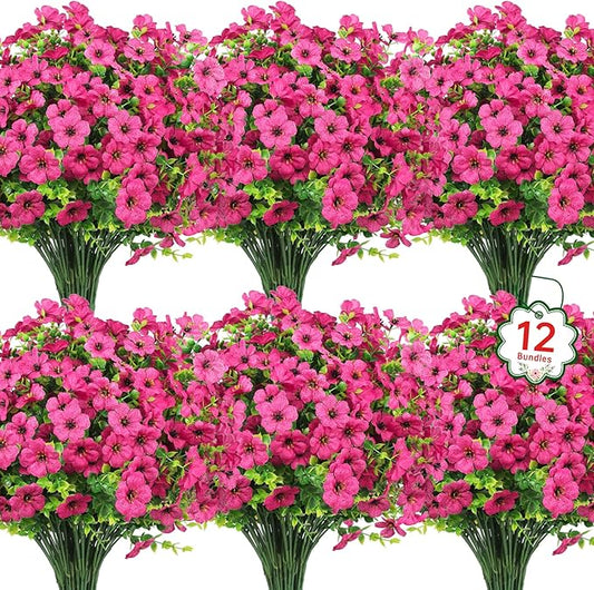 Ouddy Decor 12 Bundles Artificial Flowers for Outdoors Fake Silk Flowers UV Resistant Faux Plastic Plants for Spring Summer Garden Porch Window Box Table Vase Home Indoor Outdoor Decoration, Rose Red