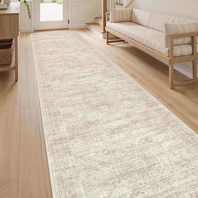 Soalmost Runner Rug 2'6" x 10' Washable Non-Slip Runner Rugs for Kitchen Bathroom Laundry Room Vintage Ultra Thin Runners for Hallway Entryway Beige