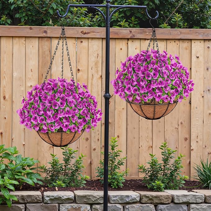 Artificial Hanging Flowers with Baskets for Outdoors, Fake Silk Pansy Flowers UV Resistant Faux Hanging Plants for Front Porch Patio Yard Home Spring Summer Decoration, Fuchsia