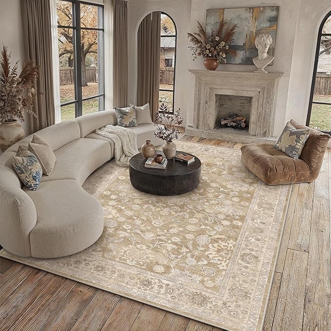 9x12 Taupe Washable Area Rug for Living Room Bedroom Neutral Soft Floral Non Slip Large Throw Rug Lightweight Vintage Low Pile Distressed Carpet Office Playroom Dining Room Home Decor