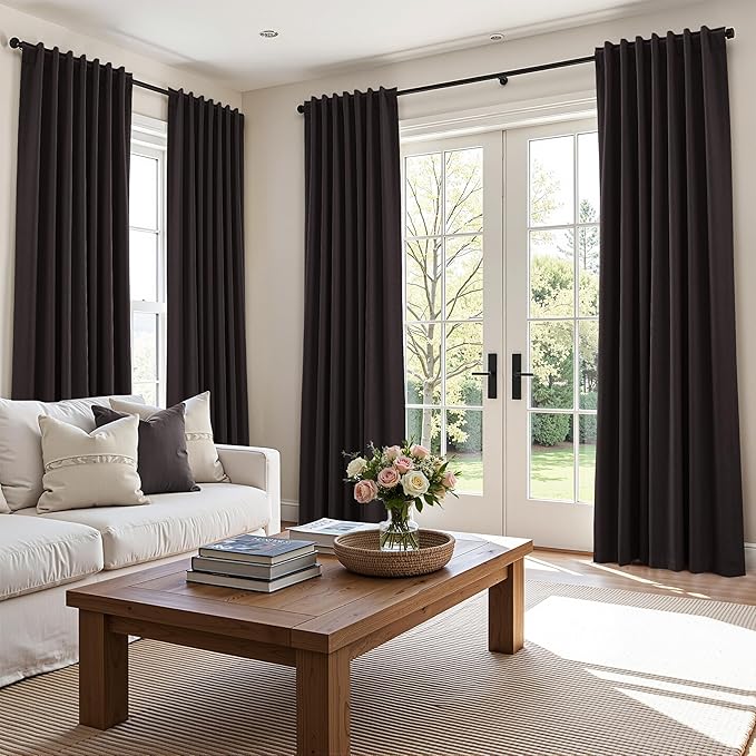 Guken 100% Blackout Curtains 108 Inch Length 2 Panels Set for Living Room Bedroom Back Tab Thermal Insulated Black Out Linen Drapes Room Darkening Cocoa Coffee,52x108