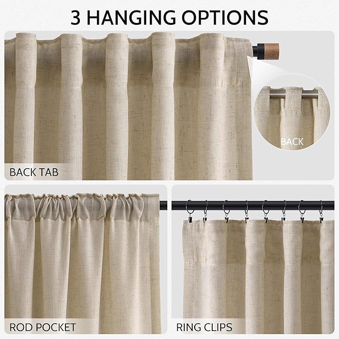 Taupe Burlywood Linen Curtains for Living Room 98 Inches Long Light Filtering Semi Sheer Curtain Back Tab Rustic Luxury Neutral Modern Farmhouse Decor Drapes for Bedroom Dinner Room 52x98, 2 Panels