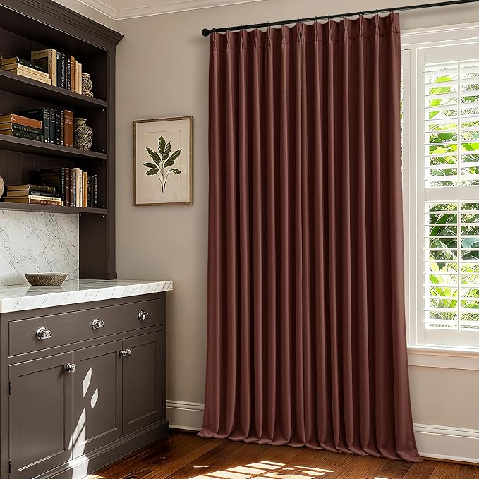 Chestnut Brown Pleated Linen Blackout Curtains 84 Inches Long for Bedroom Living Room Pinch Pleat Black Out Thermal Insulated Ring Hooks Back Tab Room Darkening Drapes Maroon Curtains with Liner