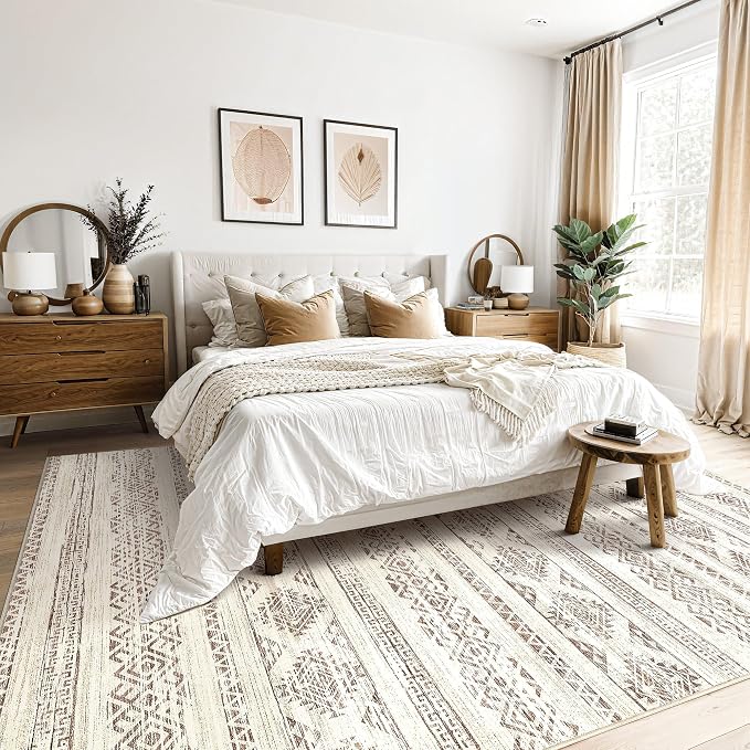 Tortania Area Rug Living Room Rugs - 8x10 Washable Large Soft Neutral Boho Moroccan Bohemian Farmhouse Rug Indoor Floor Carpet for Bedroom Under Dining Table Home Office Decor - Brown