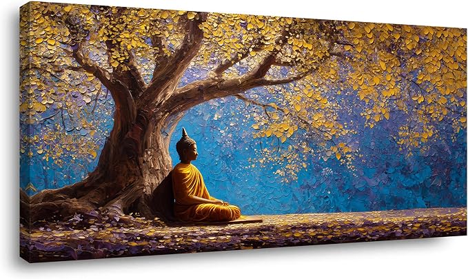 Ggaafet Gold Buddha Wall Art for Living Room Canvas Painting Prints Golden Tree Buda Calming Buddhist Art Deco Fantasy Artwork Office Bedroom Listening Dining Room Decor Extra Large